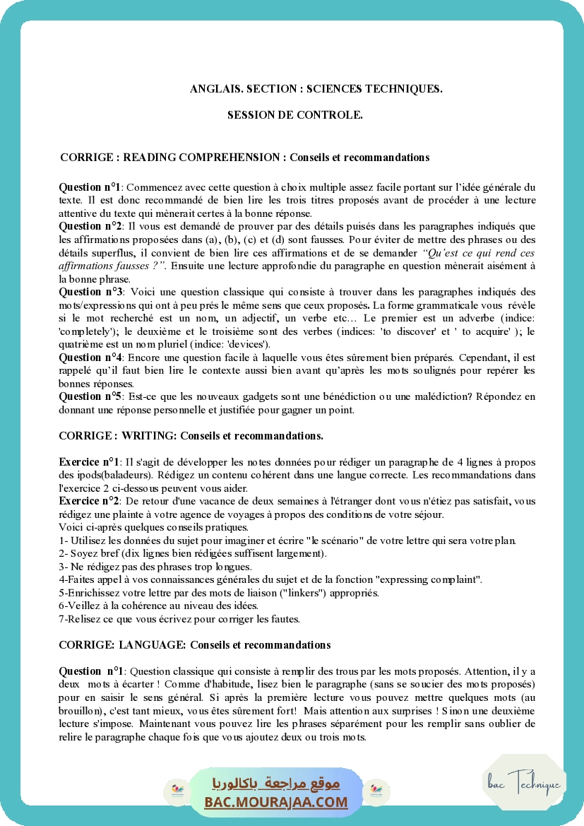 Corrigé controle anglais Bac 2009 – Section technique